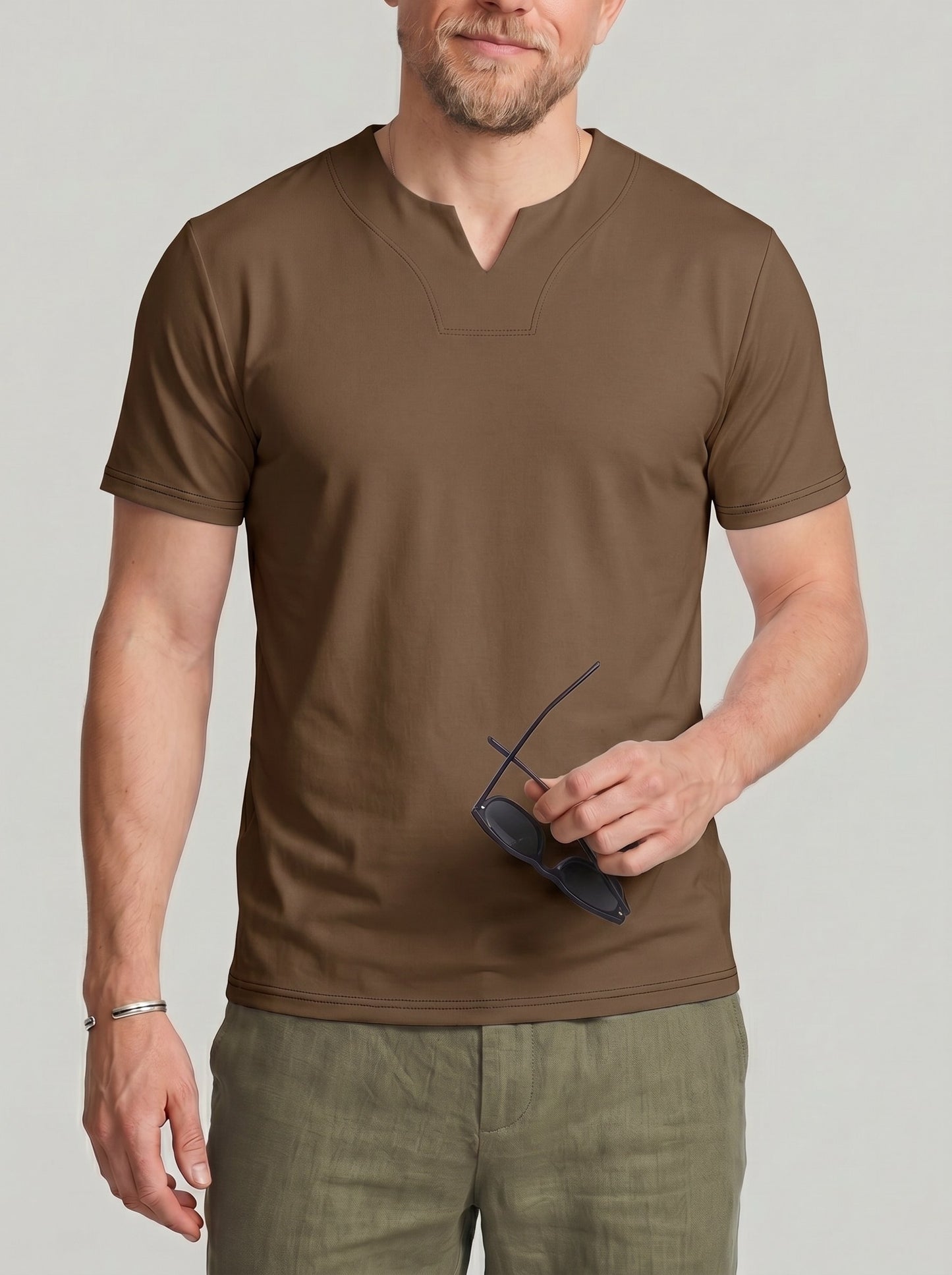 KZZ Men's Solid-Color V-Neck T-Shirt