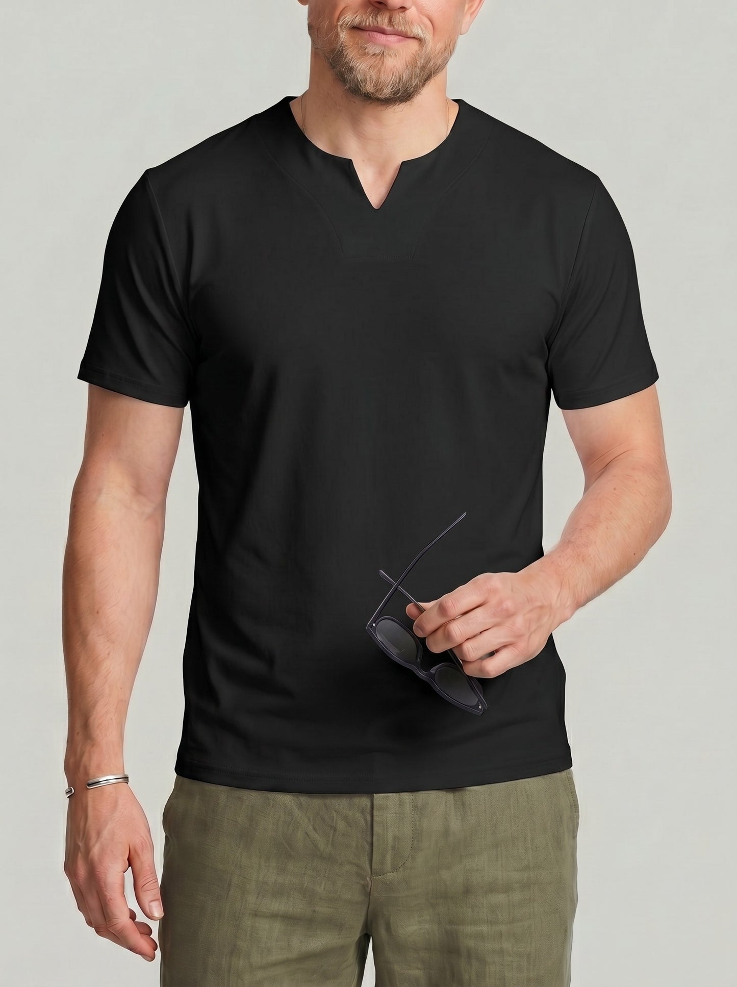 KZZ Men's Solid-Color V-Neck T-Shirt