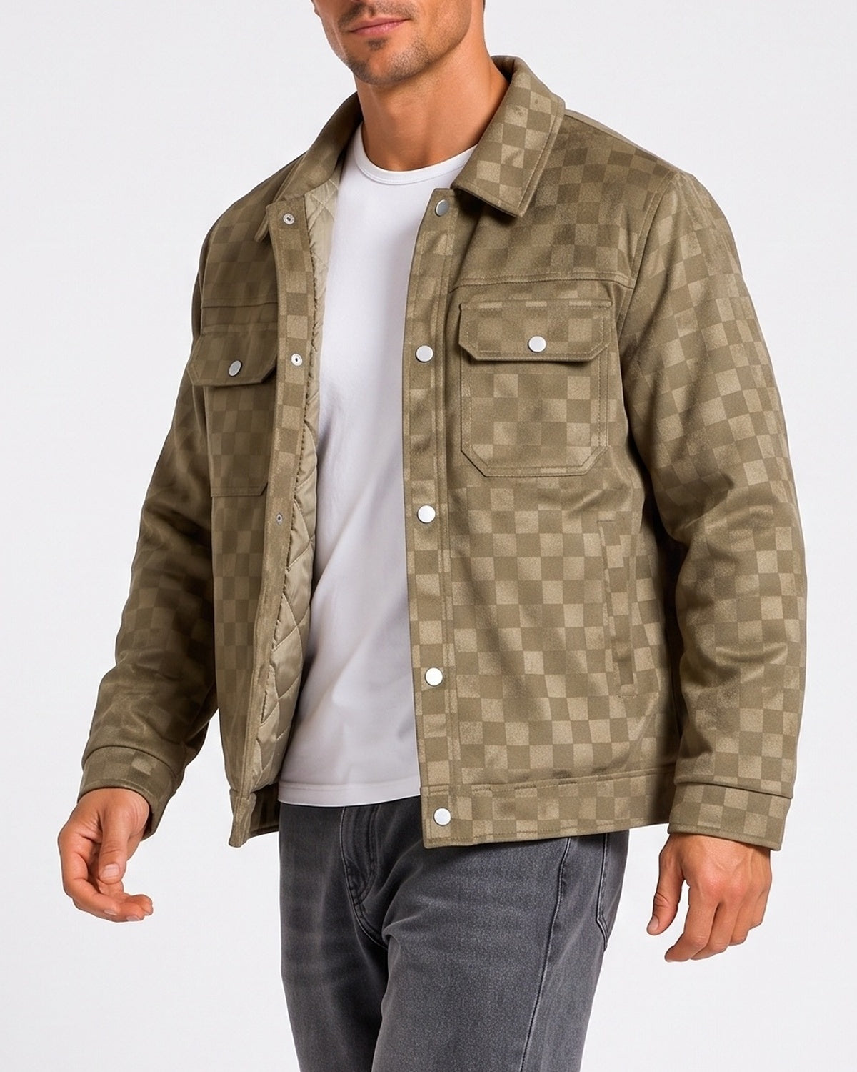 KZZ Men's fashionable plaid lapel suede jacket