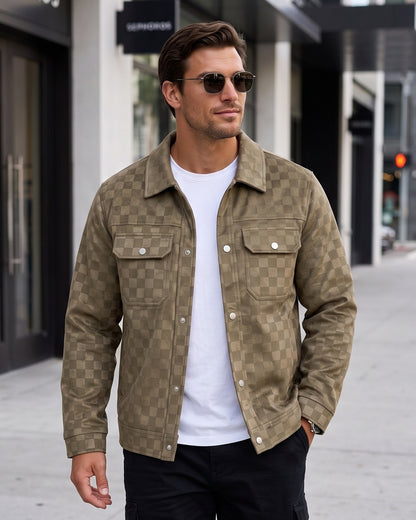 KZZ Men's fashionable plaid lapel suede jacket