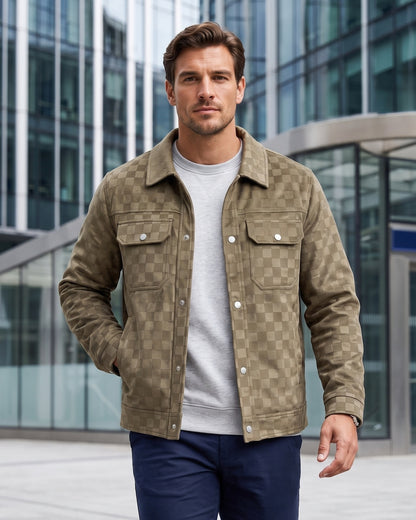 KZZ Men's fashionable plaid lapel suede jacket