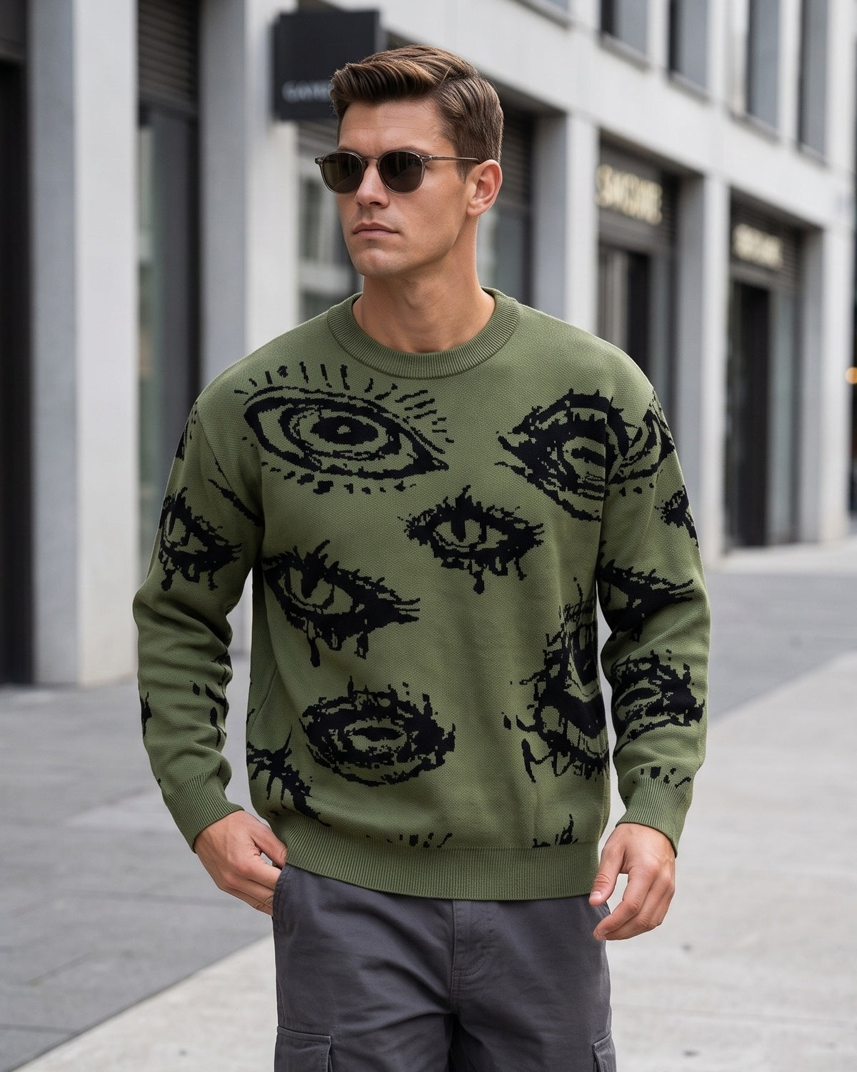KZZ Men's Minimalist Print Long-Sleeve Knit Pullover