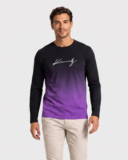 KZZ Men's Casual Long Sleeve T-Shirt, Gradient Color Round Neck, Letter Print Design