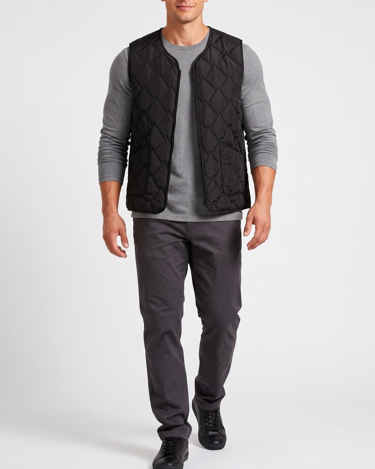 KZZ  Men's short zippered oversized pocket vest with diamond pattern