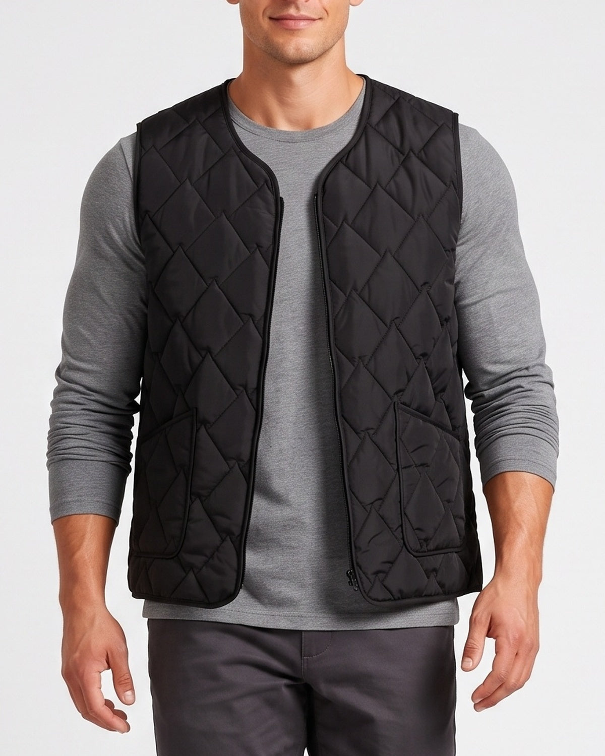 KZZ  Men's short zippered oversized pocket vest with diamond pattern