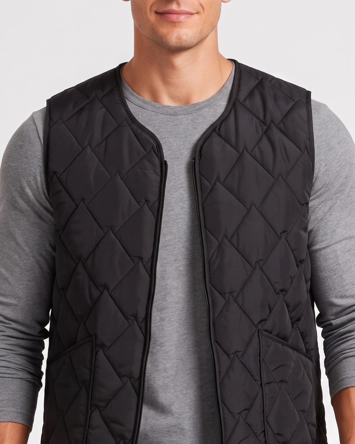 KZZ  Men's short zippered oversized pocket vest with diamond pattern