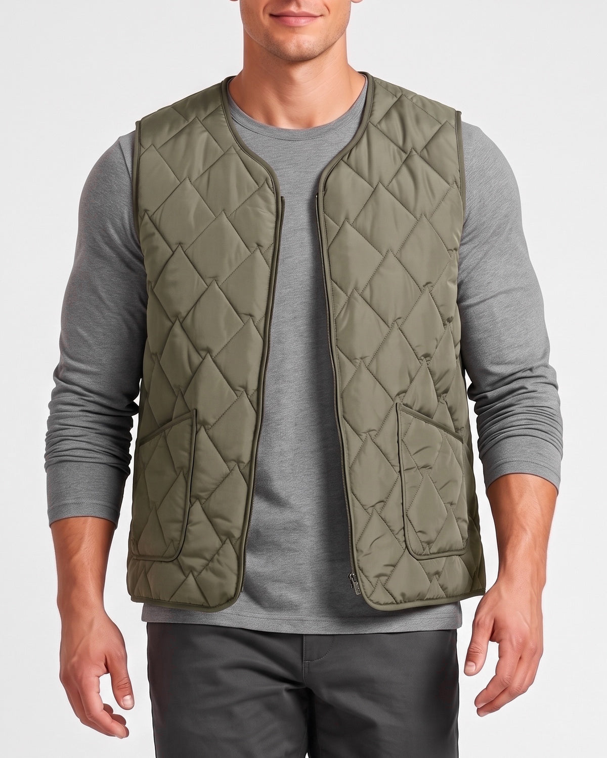 KZZ  Men's short zippered oversized pocket vest with diamond pattern