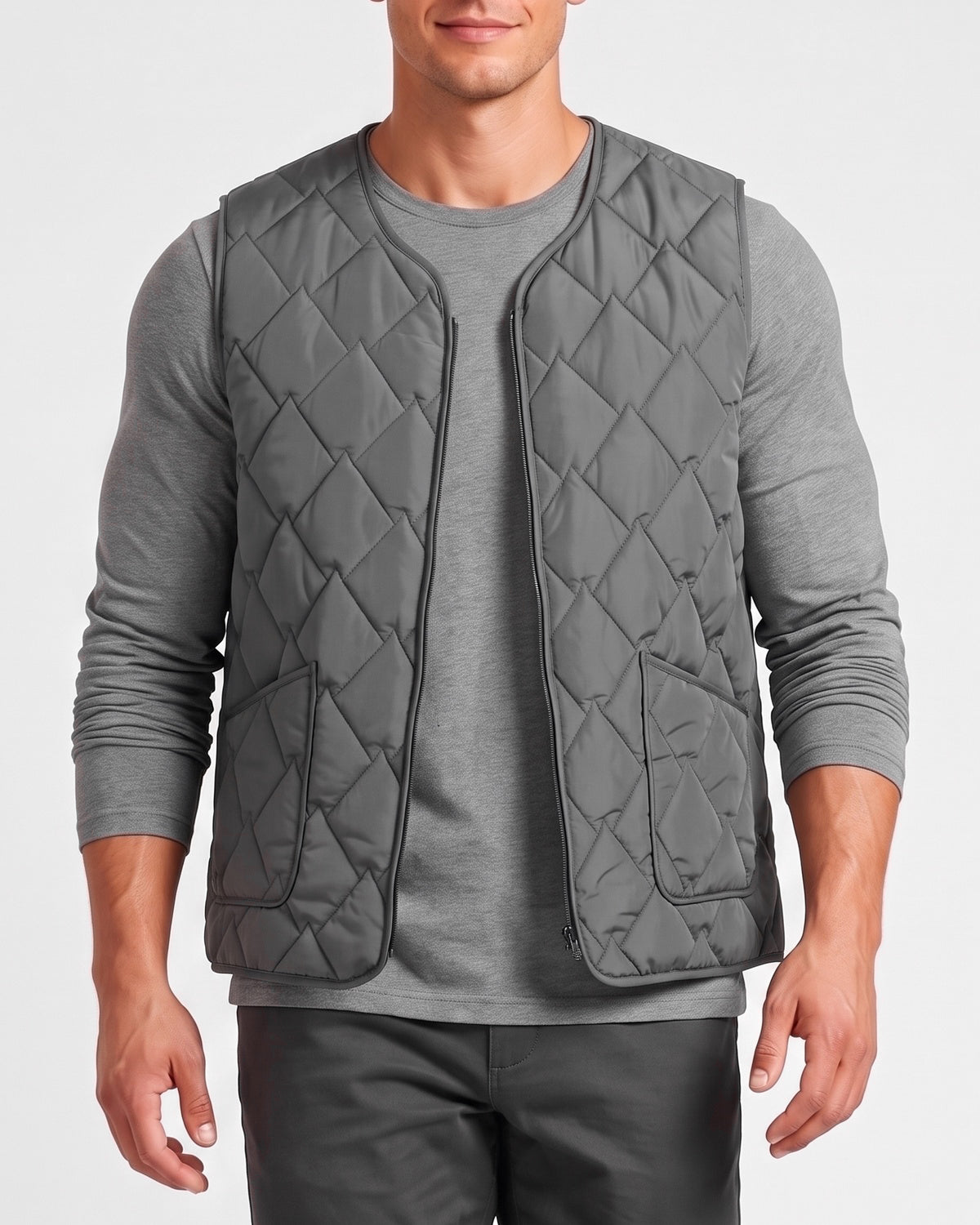 KZZ  Men's short zippered oversized pocket vest with diamond pattern