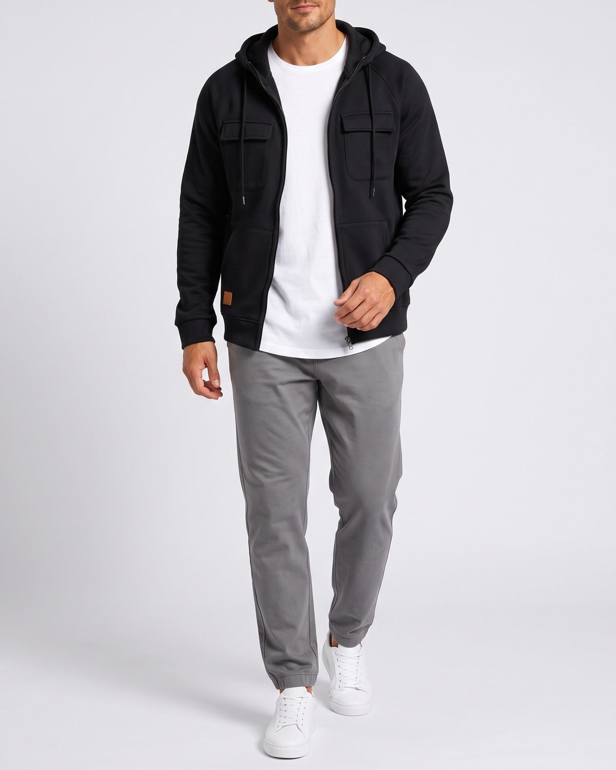 KZZ Men's Outdoor Casual Multi-Pocket Full-Zip Hooded Sweatshirt