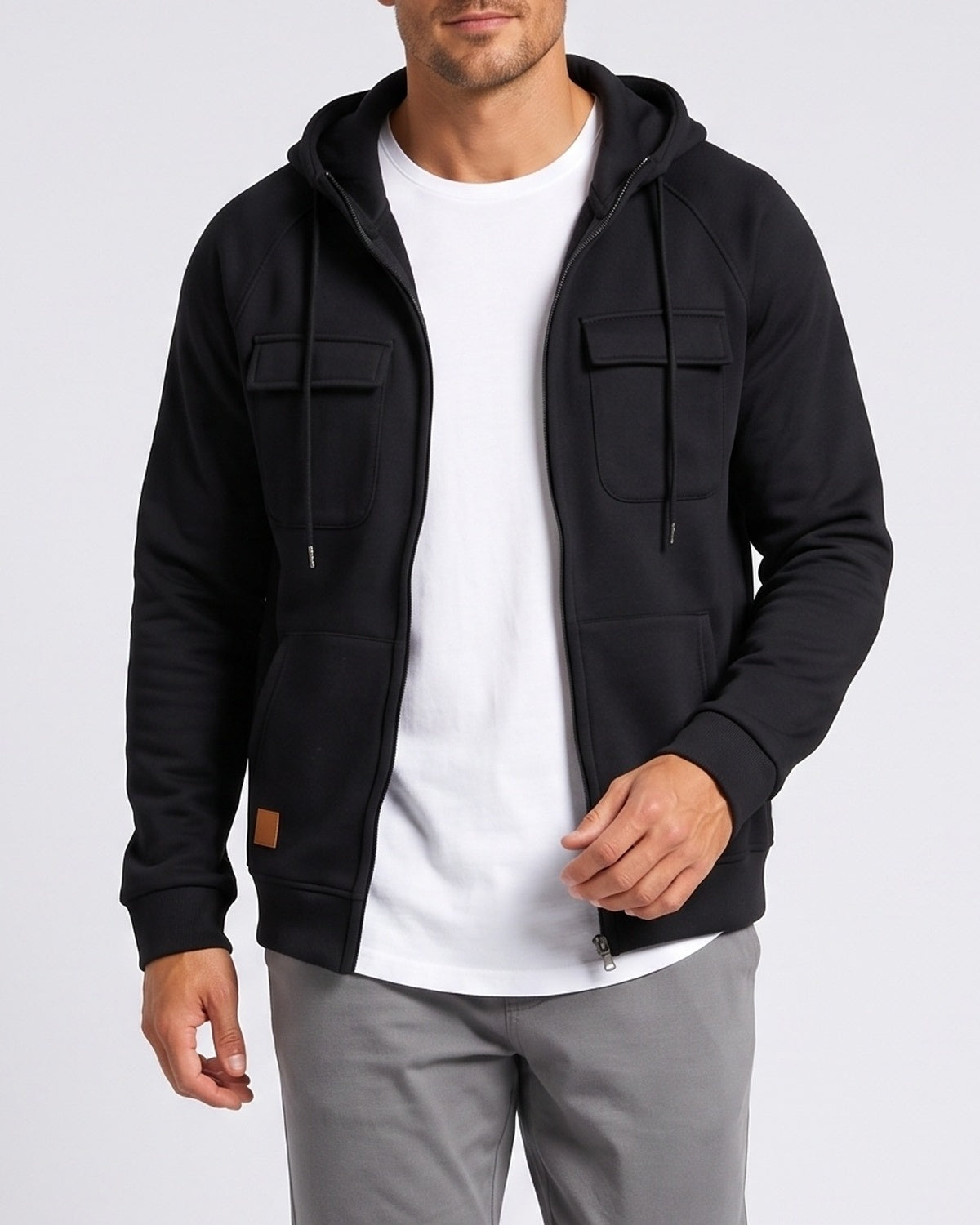 KZZ Men's Outdoor Casual Multi-Pocket Full-Zip Hooded Sweatshirt