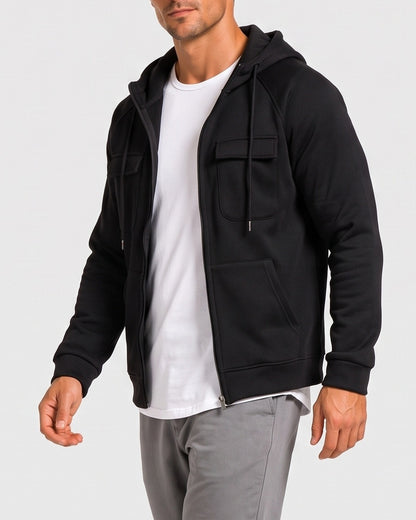KZZ Men's Outdoor Casual Multi-Pocket Full-Zip Hooded Sweatshirt