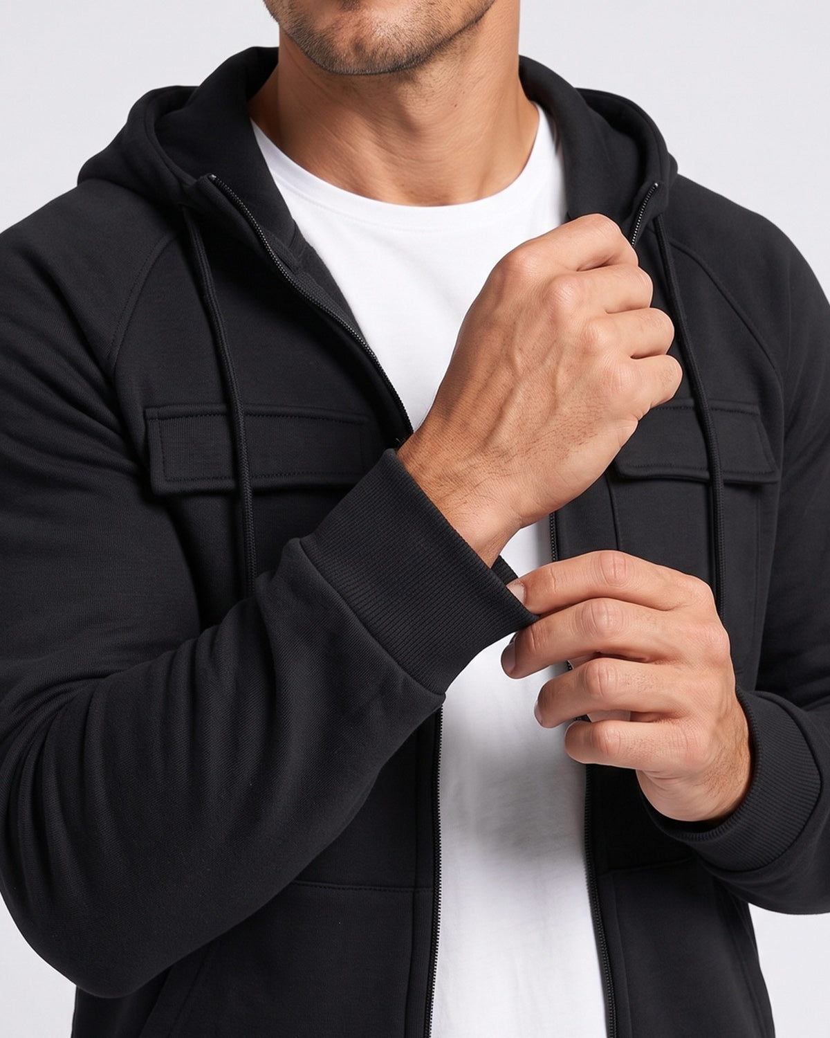 KZZ Men's Outdoor Casual Multi-Pocket Full-Zip Hooded Sweatshirt