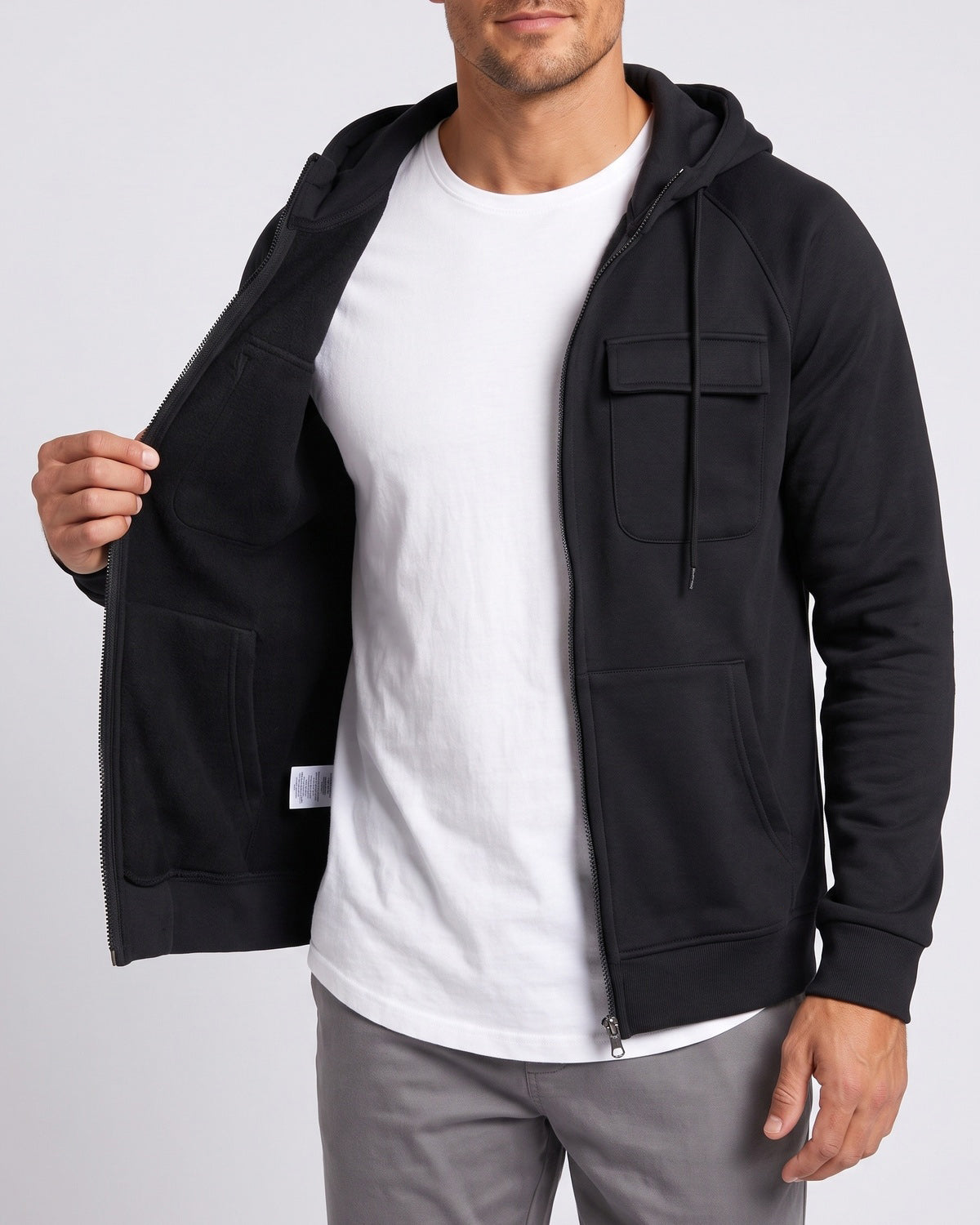 KZZ Men's Outdoor Casual Multi-Pocket Full-Zip Hooded Sweatshirt