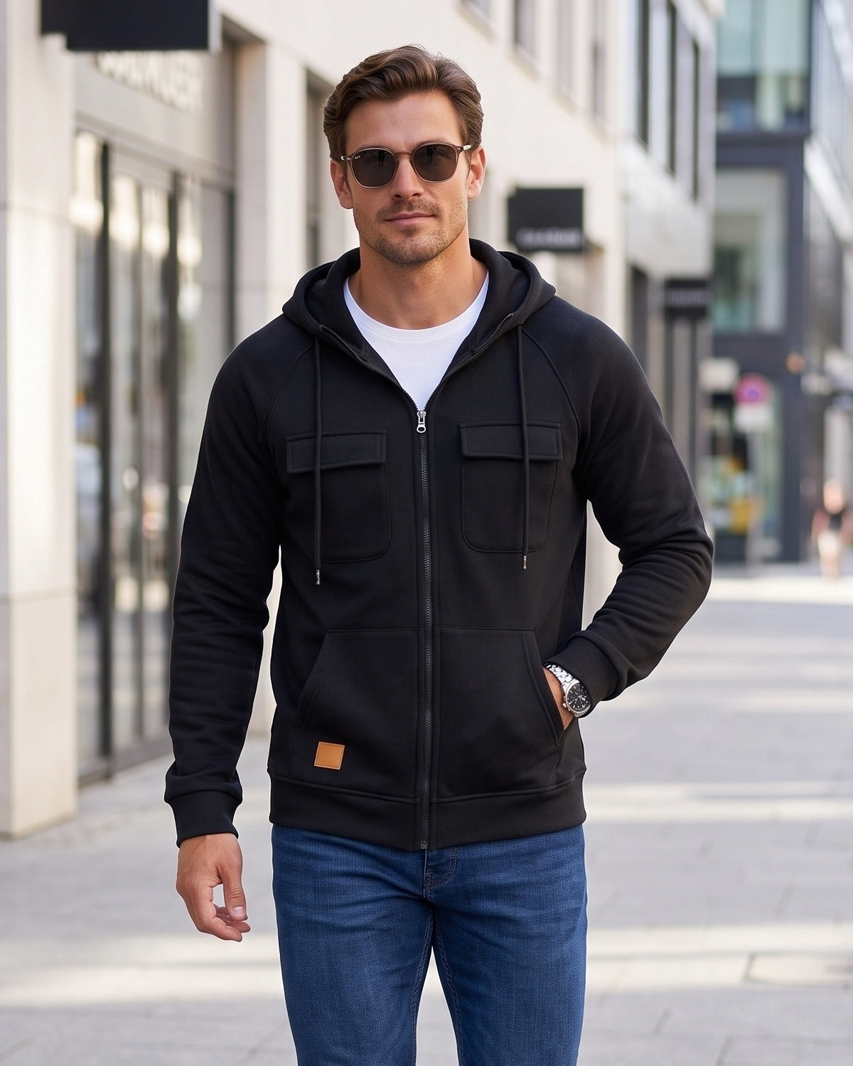 KZZ Men's Outdoor Casual Multi-Pocket Full-Zip Hooded Sweatshirt
