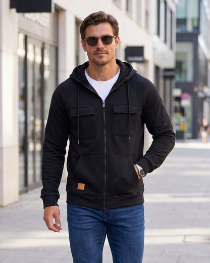 KZZ Men's Outdoor Casual Multi-Pocket Full-Zip Hooded Sweatshirt