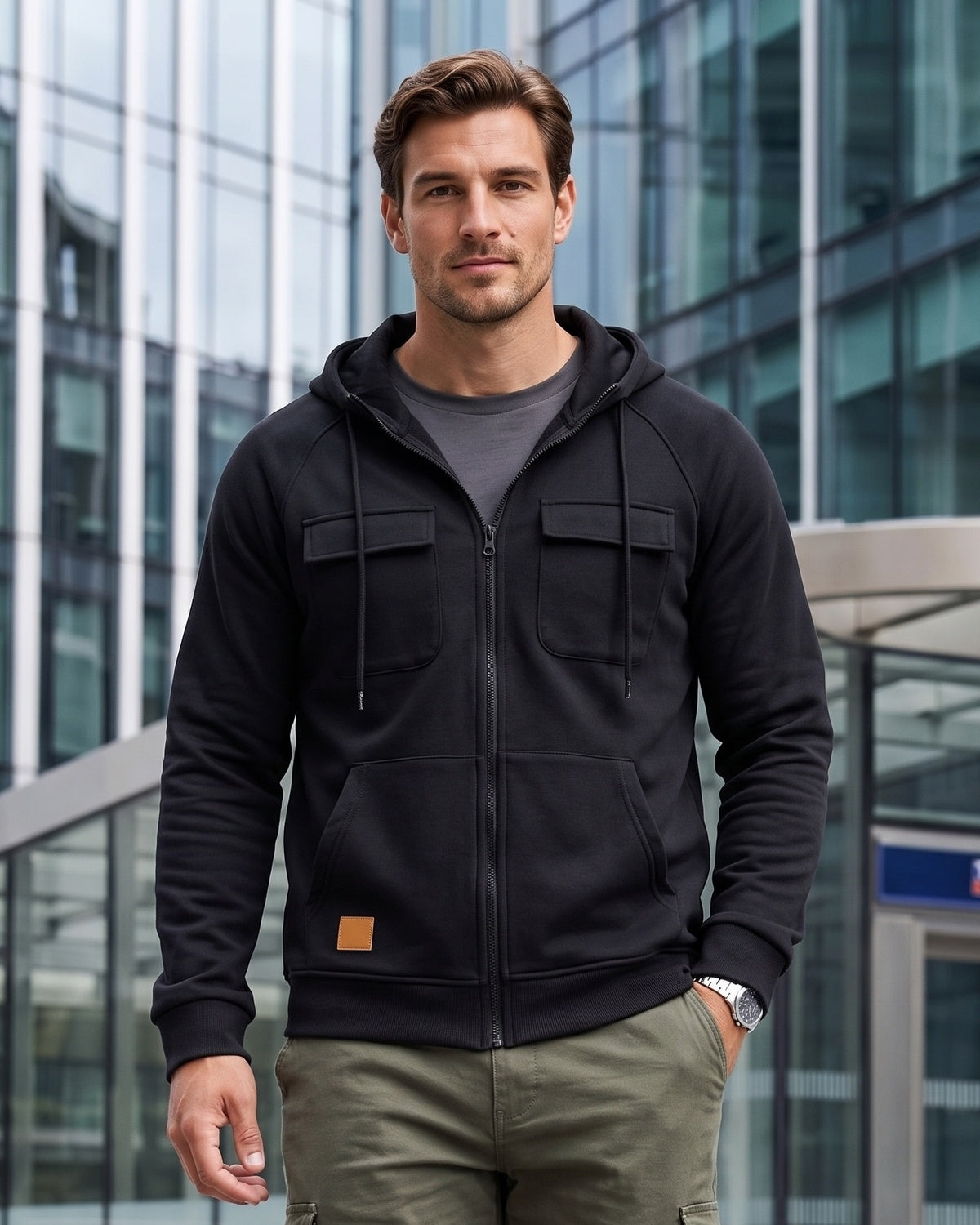 KZZ Men's Outdoor Casual Multi-Pocket Full-Zip Hooded Sweatshirt