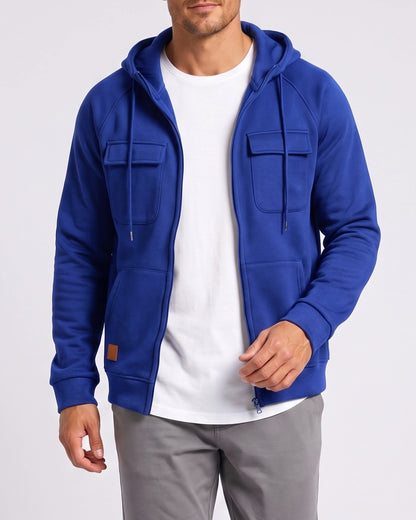 KZZ Men's Outdoor Casual Multi-Pocket Full-Zip Hooded Sweatshirt