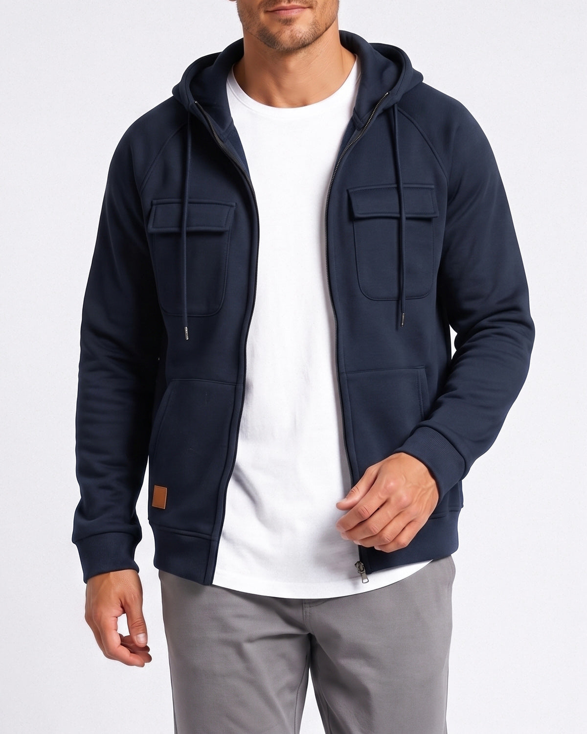 KZZ Men's Outdoor Casual Multi-Pocket Full-Zip Hooded Sweatshirt