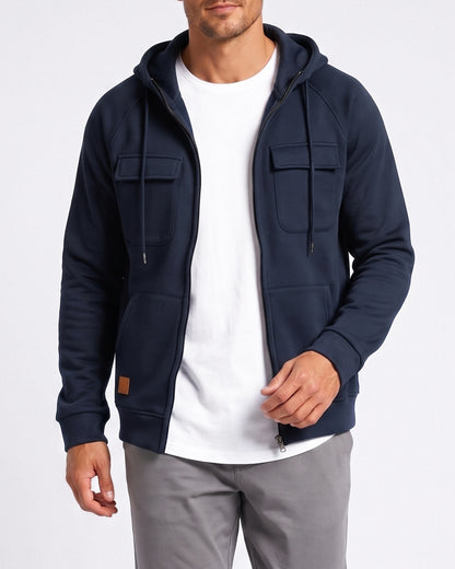 KZZ Men's Outdoor Casual Multi-Pocket Full-Zip Hooded Sweatshirt