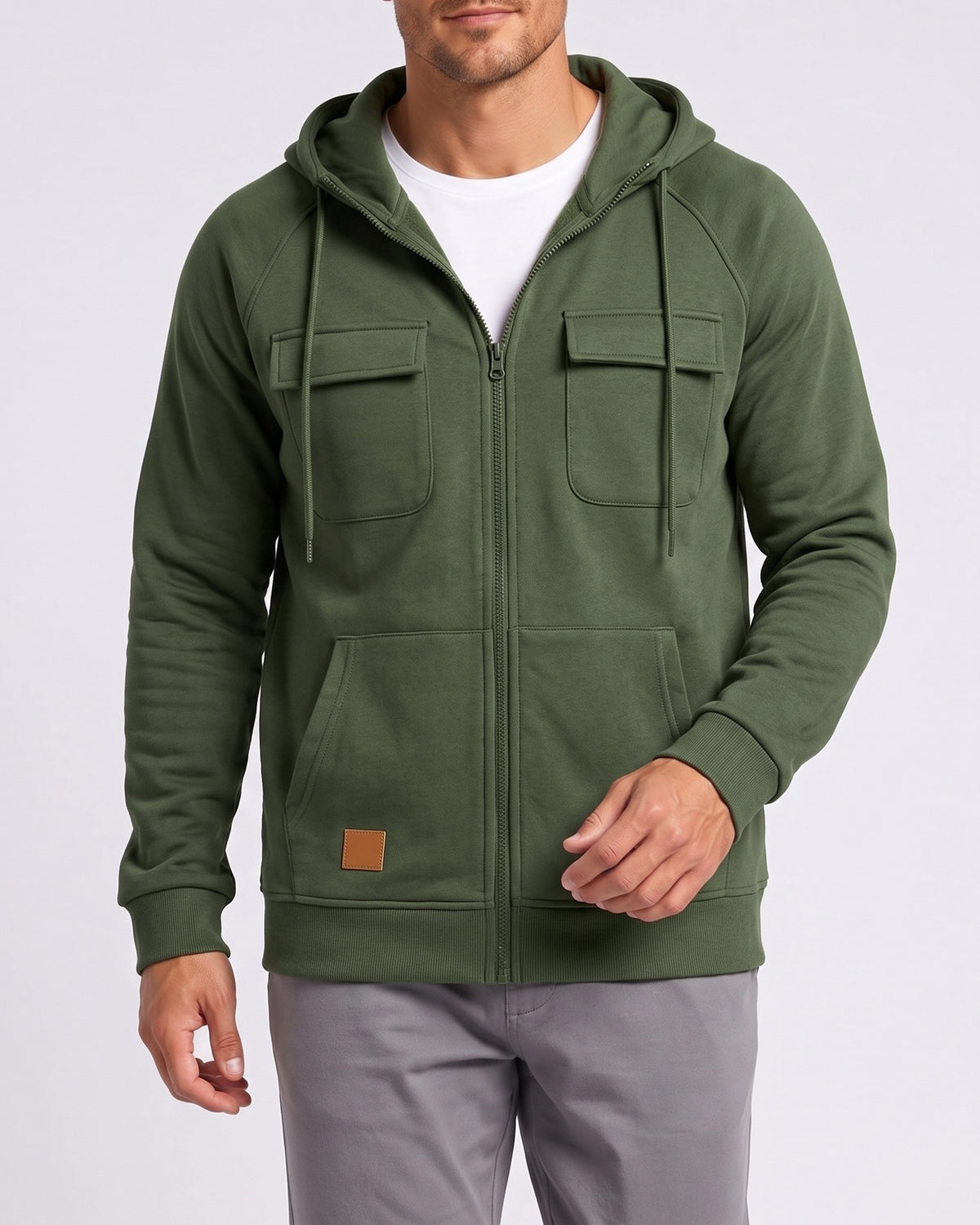 KZZ Men's Outdoor Casual Multi-Pocket Full-Zip Hooded Sweatshirt