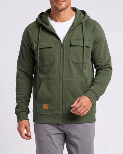 KZZ Men's Outdoor Casual Multi-Pocket Full-Zip Hooded Sweatshirt