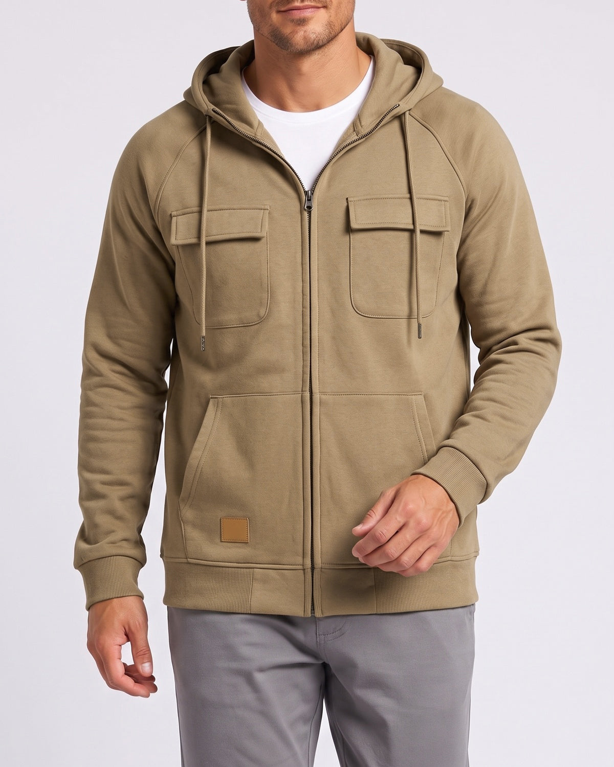 KZZ Men's Outdoor Casual Multi-Pocket Full-Zip Hooded Sweatshirt