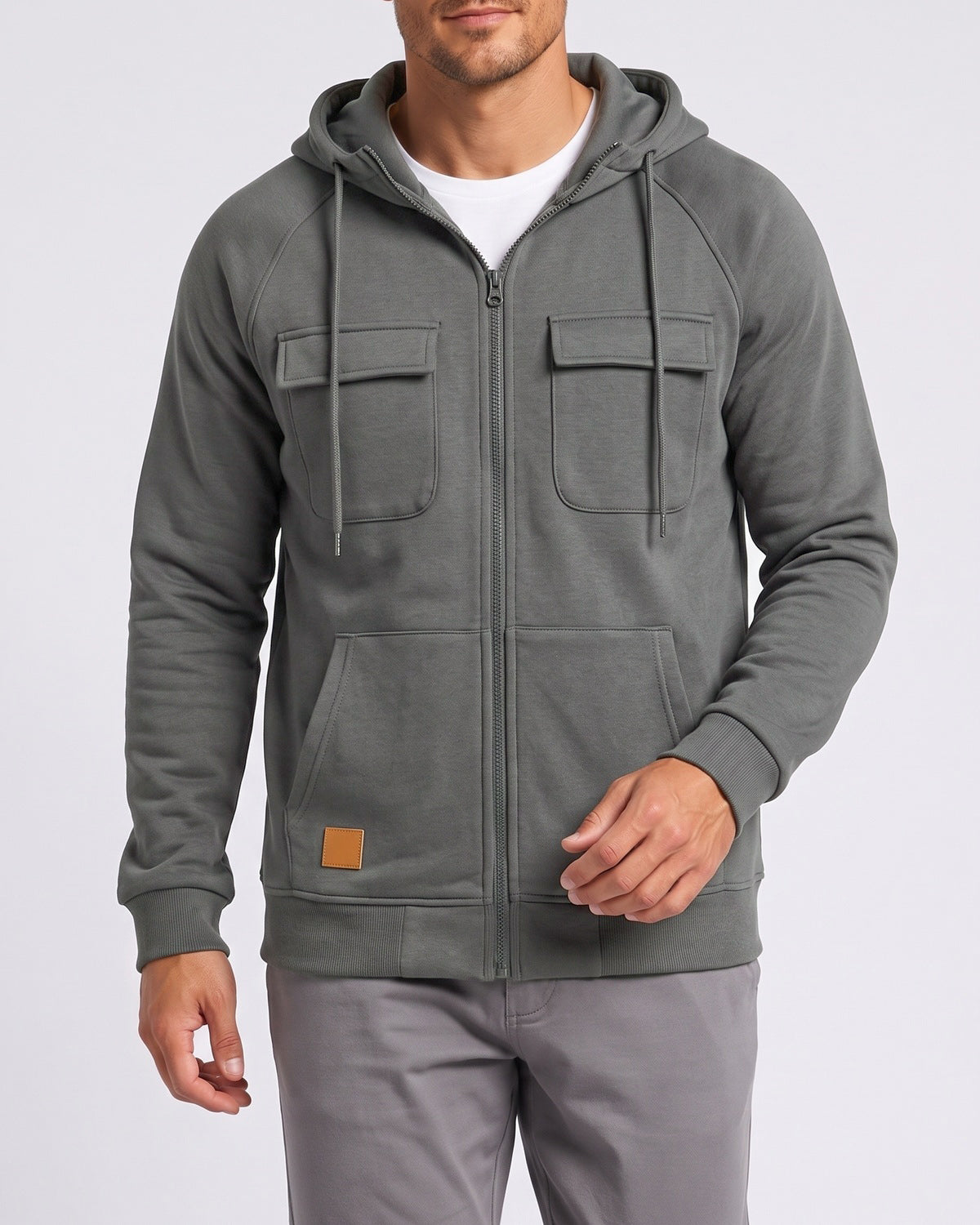 KZZ Men's Outdoor Casual Multi-Pocket Full-Zip Hooded Sweatshirt