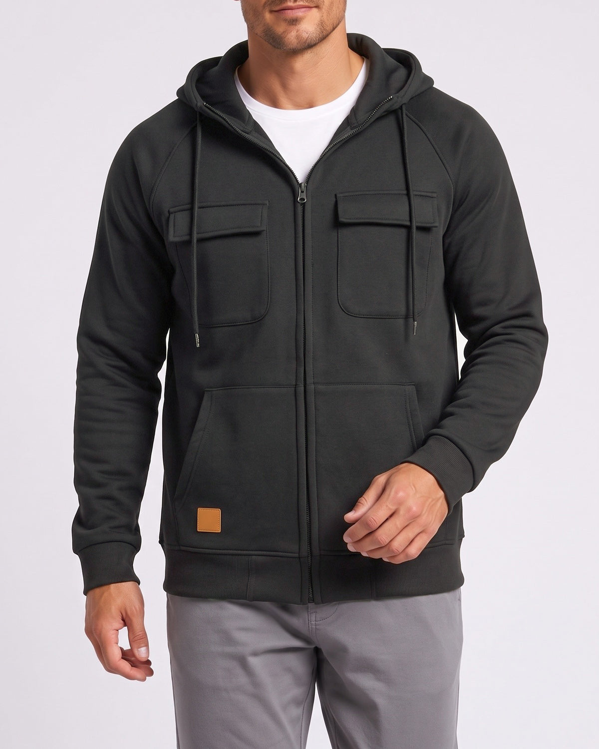 KZZ Men's Outdoor Casual Multi-Pocket Full-Zip Hooded Sweatshirt