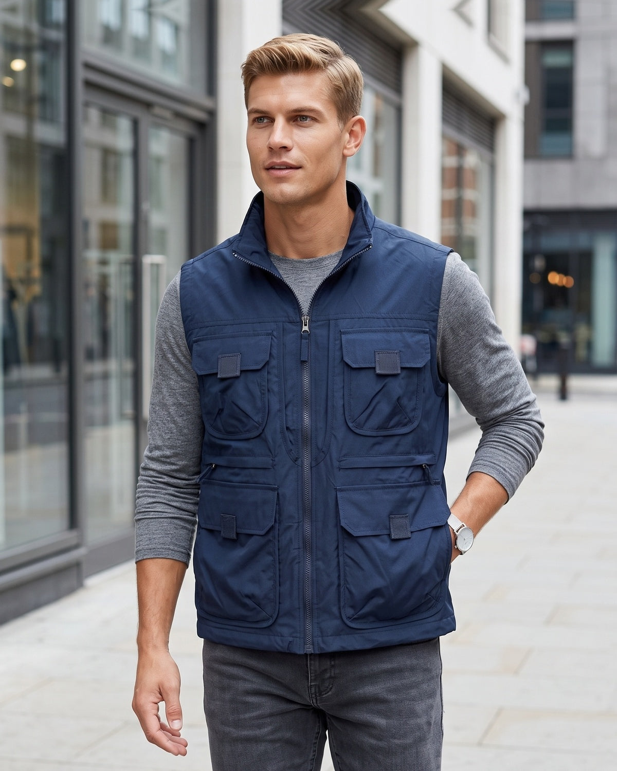 KZZ Men's Solid-Color Zipper-Pocket Vest