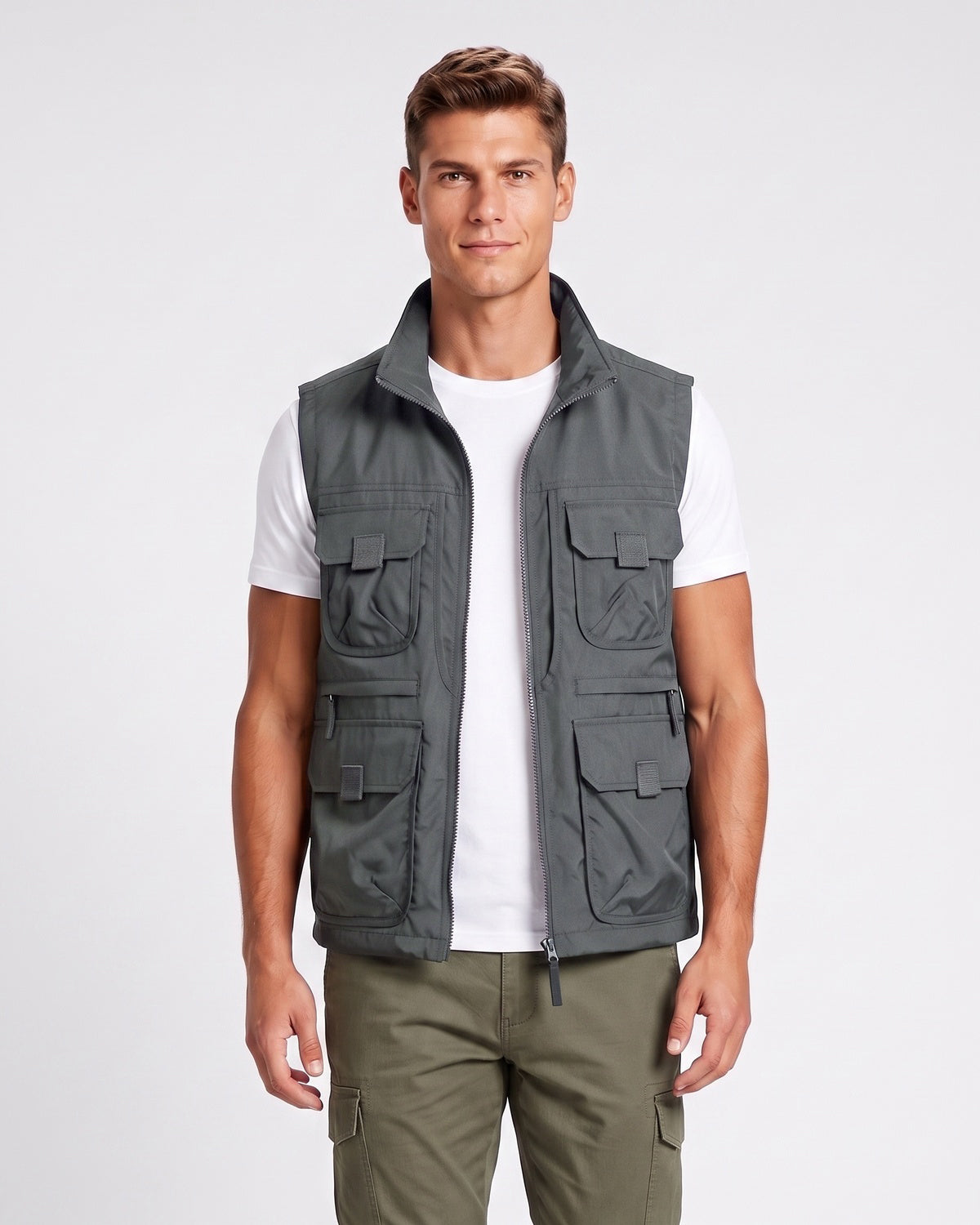 KZZ Men's Solid-Color Zipper-Pocket Vest