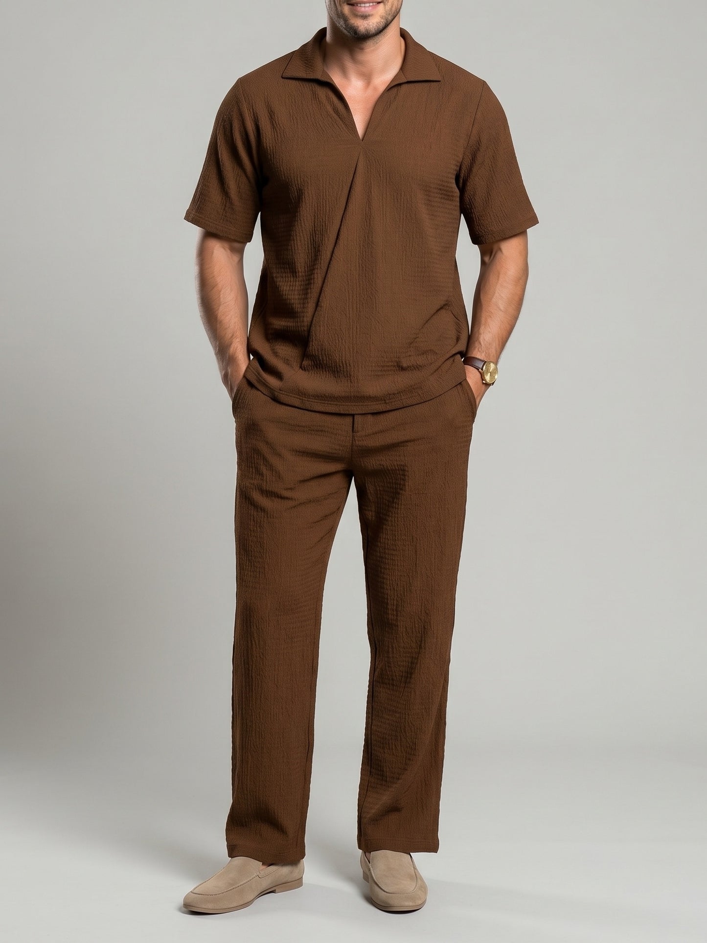 KZZ Men's casual V-neck short-sleeve top and casual trousers