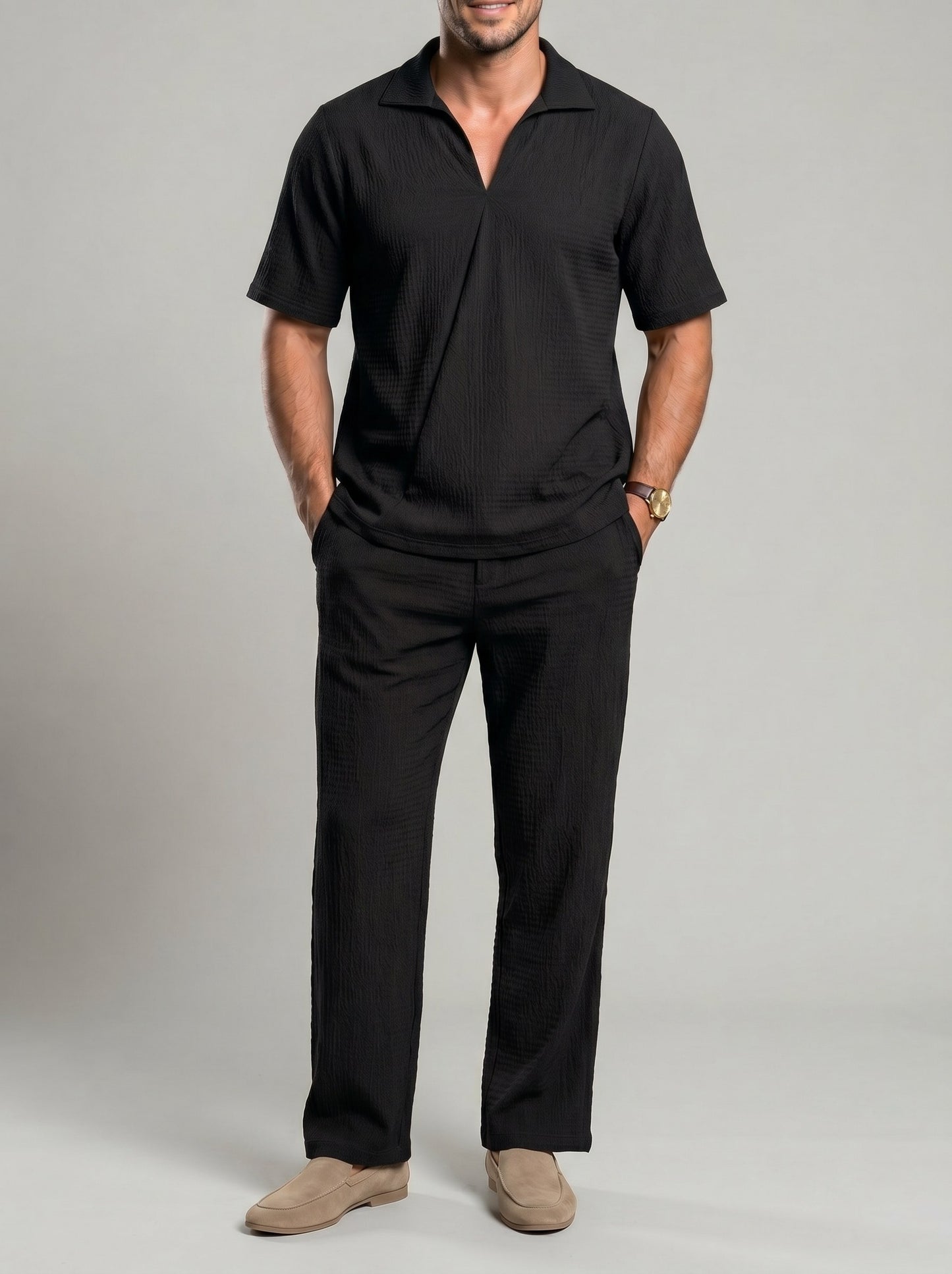 KZZ Men's casual V-neck short-sleeve top and casual trousers