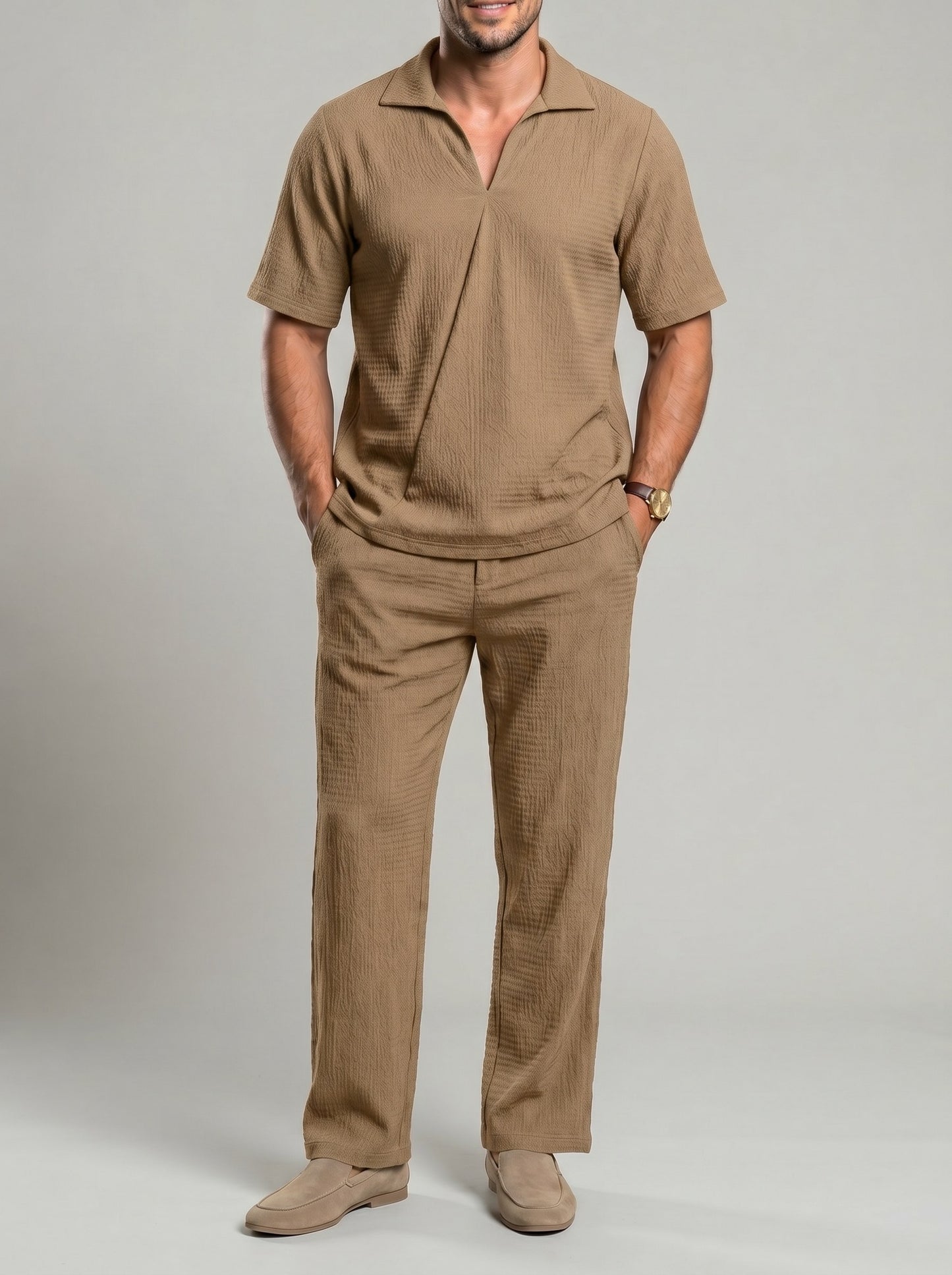 KZZ Men's casual V-neck short-sleeve top and casual trousers