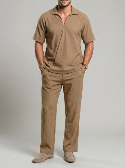 KZZ Men's casual V-neck short-sleeve top and casual trousers