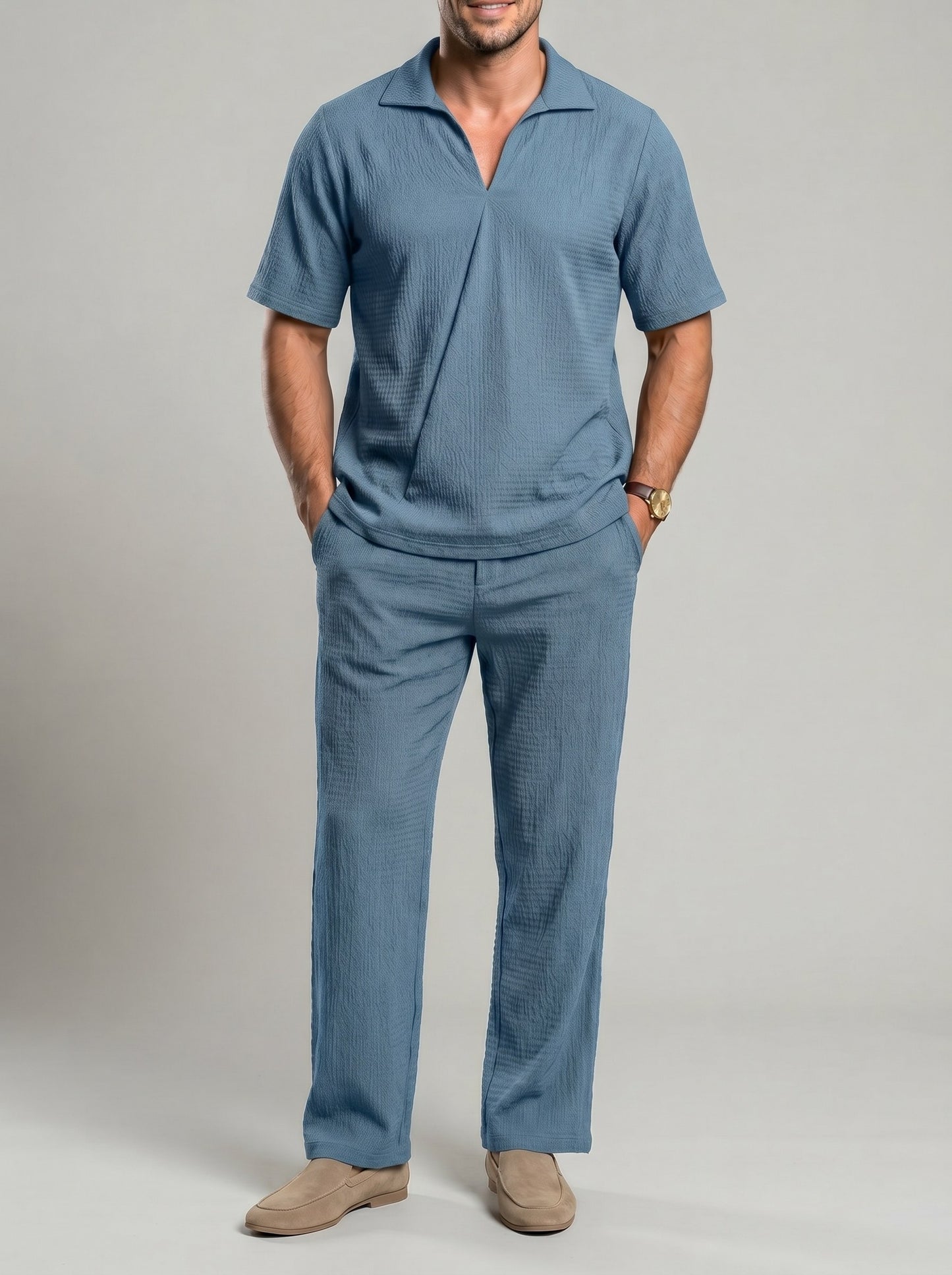 KZZ Men's casual V-neck short-sleeve top and casual trousers