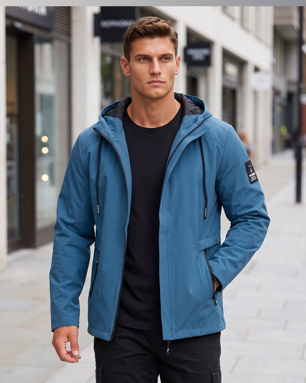 KZZ Men's slim-fit long-sleeved windproof zip-up hooded jacket
