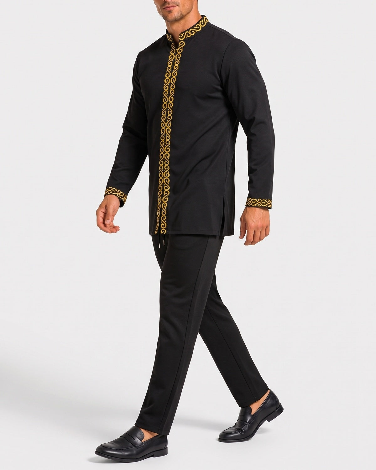 KZZ Men's ethnic style mini stand-up collar top and pants set