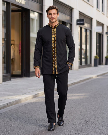 KZZ Men's ethnic style mini stand-up collar top and pants set