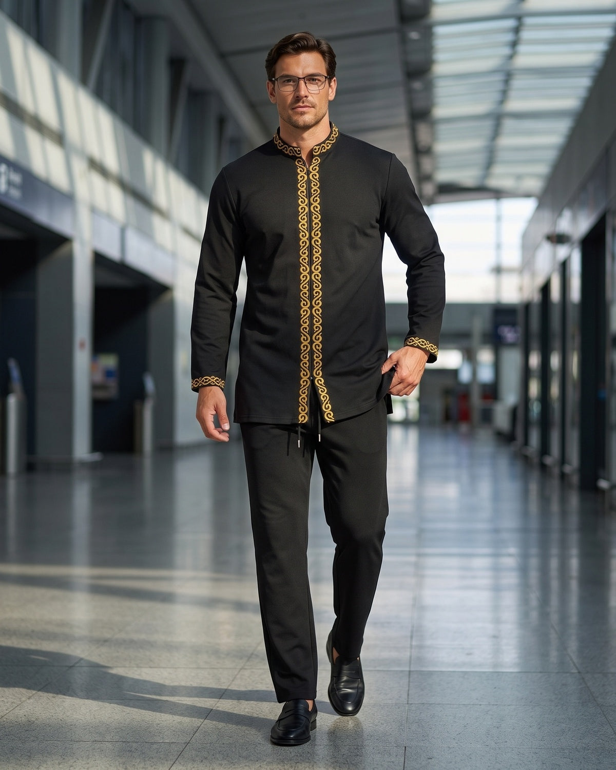 KZZ Men's ethnic style mini stand-up collar top and pants set