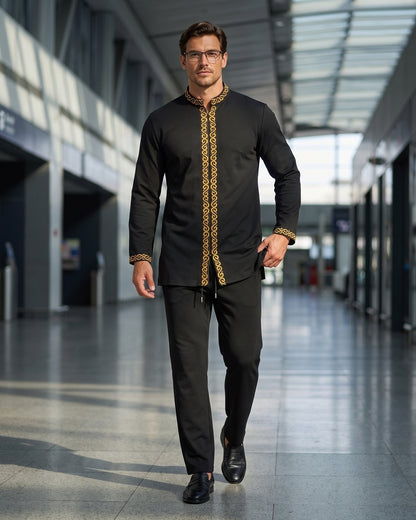 KZZ Men's ethnic style mini stand-up collar top and pants set