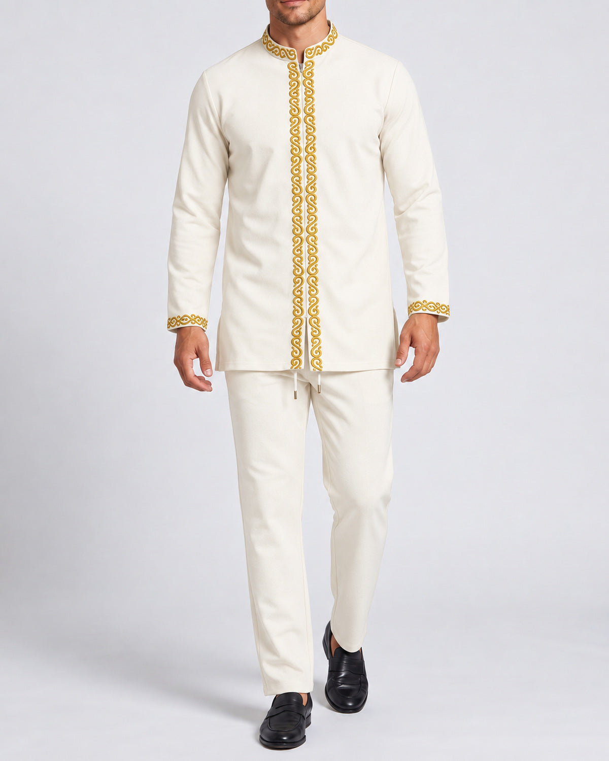 KZZ Men's ethnic style mini stand-up collar top and pants set