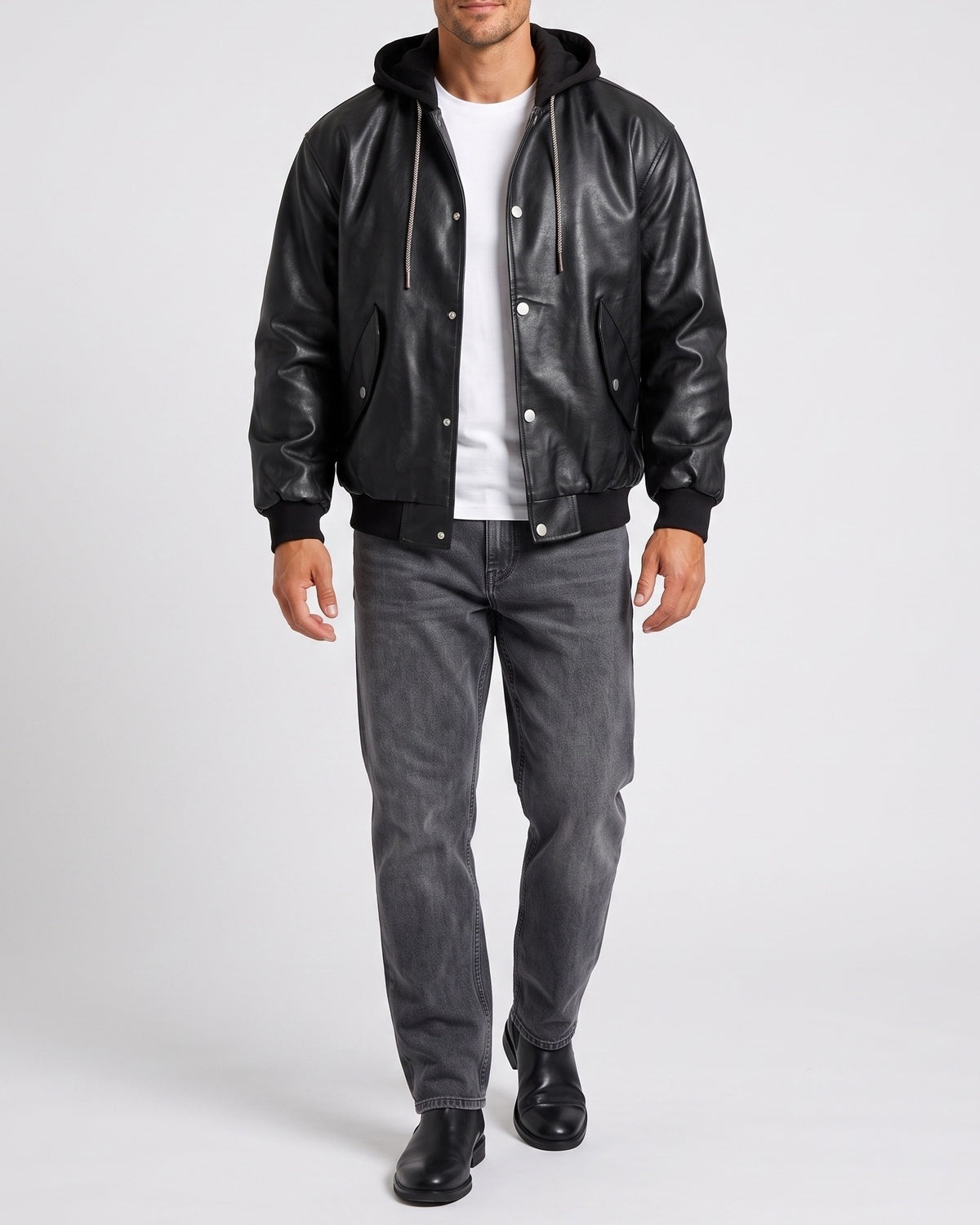 KZZ Men's faux leather two-piece hooded jacket
