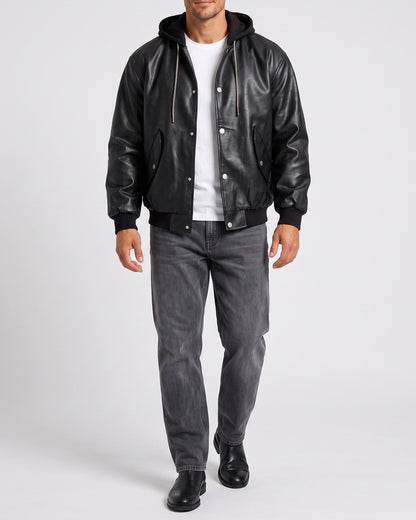 KZZ Men's faux leather two-piece hooded jacket