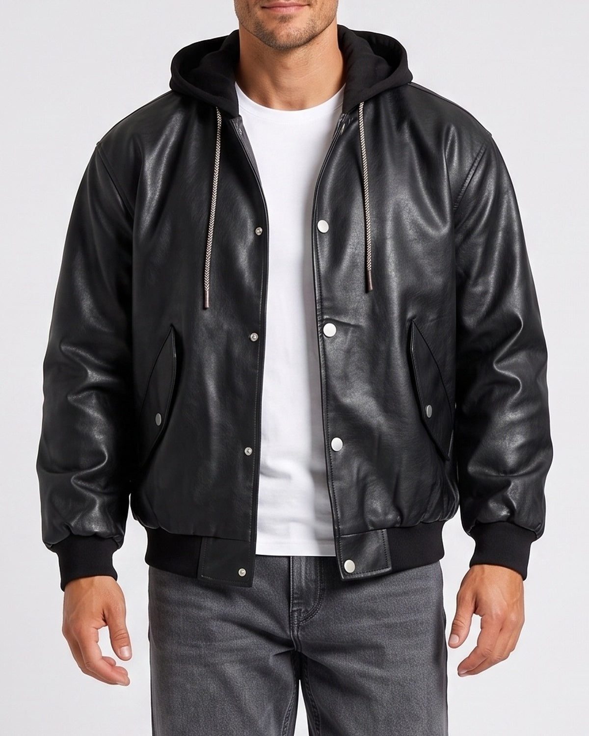 KZZ Men's faux leather two-piece hooded jacket