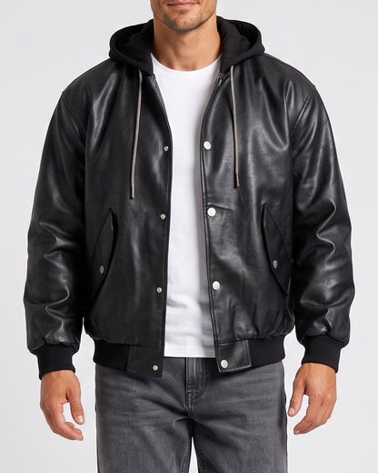 KZZ Men's faux leather two-piece hooded jacket