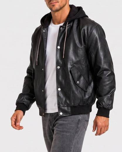KZZ Men's faux leather two-piece hooded jacket