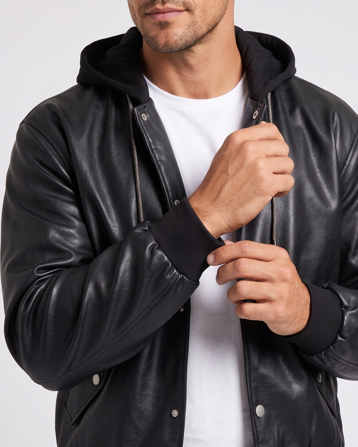 KZZ Men's faux leather two-piece hooded jacket