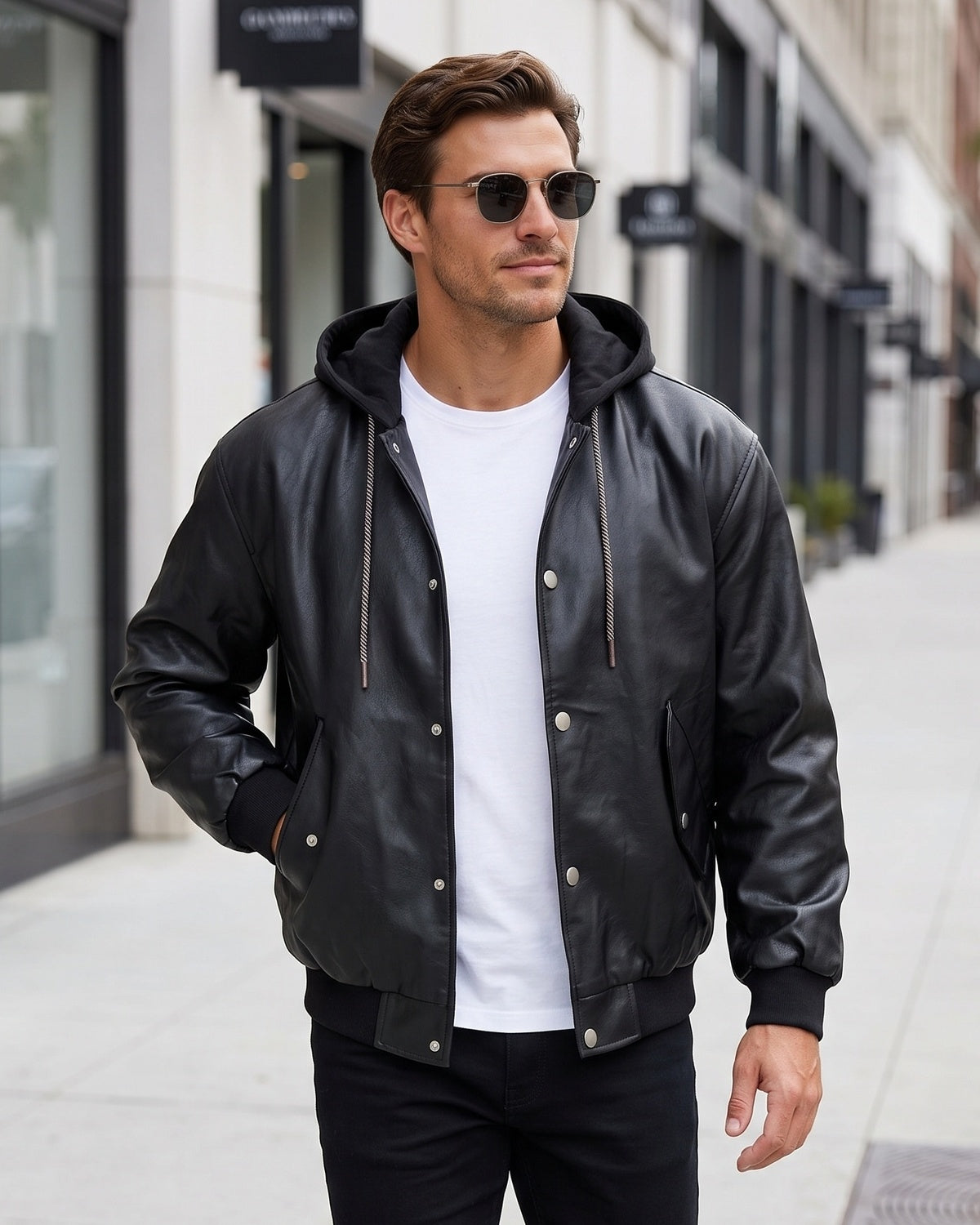 KZZ Men's faux leather two-piece hooded jacket