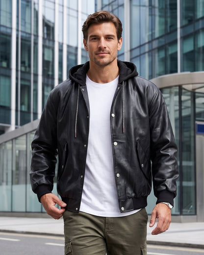 KZZ Men's faux leather two-piece hooded jacket