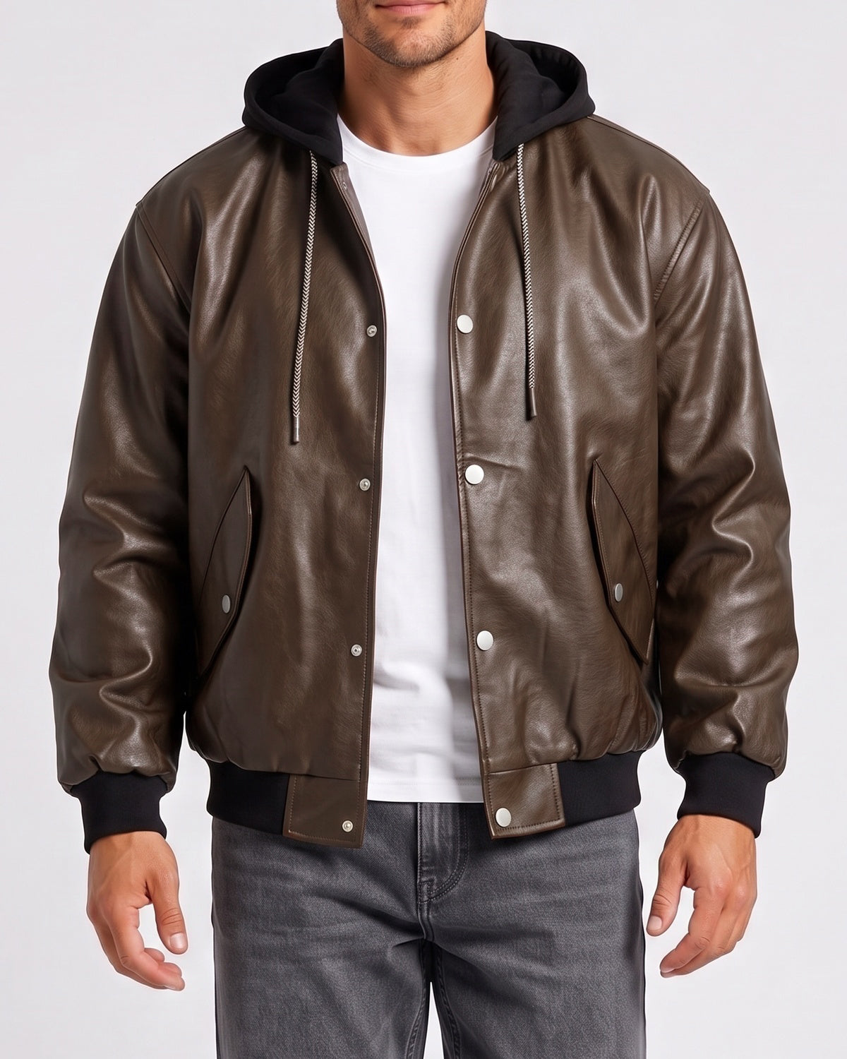 KZZ Men's faux leather two-piece hooded jacket